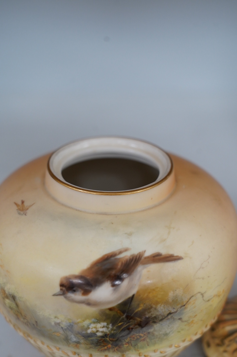 A Royal Worcester bird painted pot pourri and cover, painted by E. Barker, model number 1286, 19cm. Condition - good